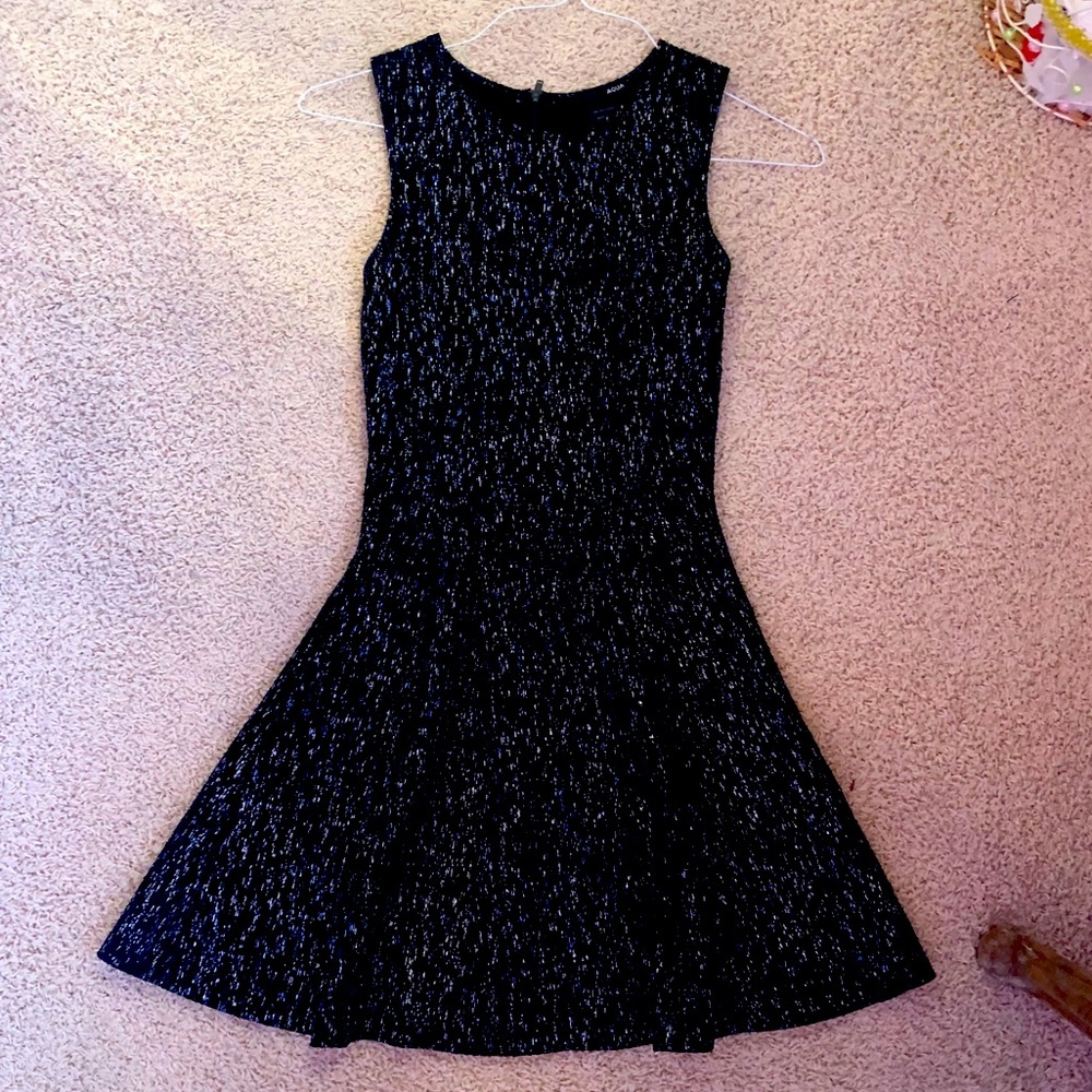 Black dress with bright silver and blue details